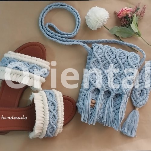 A set made from macrame, bag and slipper