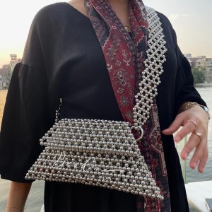 beaded triangular silver bag