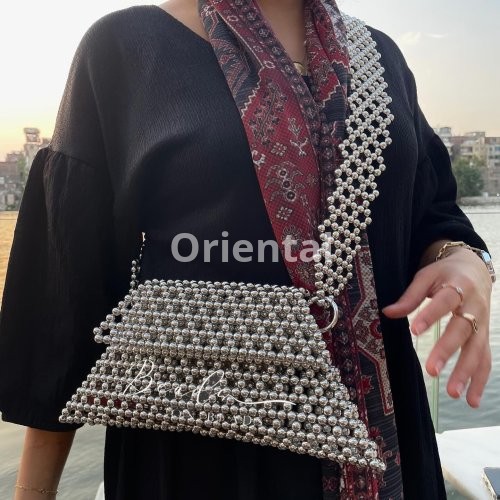 beaded triangular silver bag